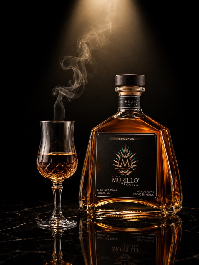 Tequila Murillo Reposado con copa y humo